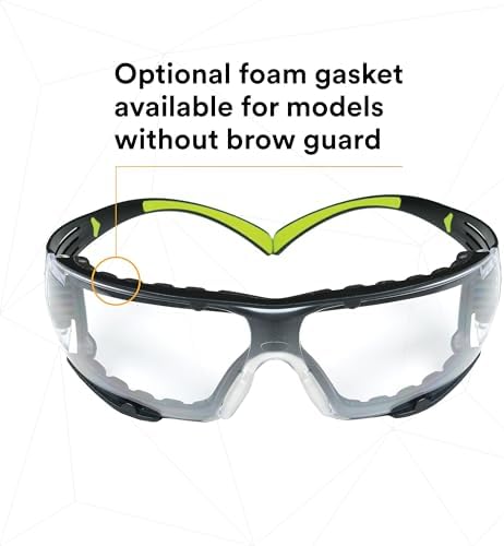 3M Safety Glasses, SecureFit 400, Clear Lens, Green/Black Frame,Foam Gasket