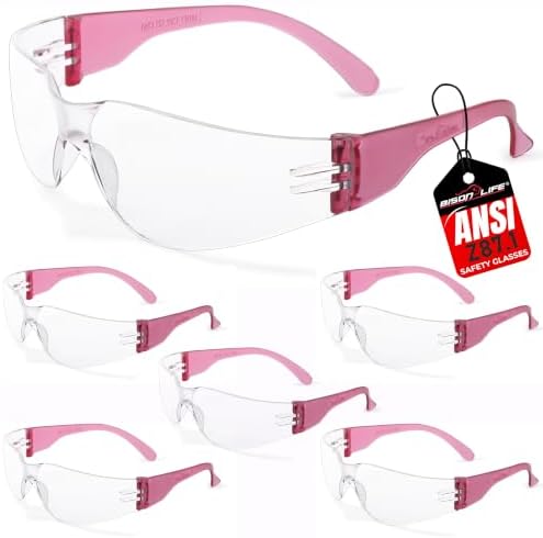 BISON LIFE Clear/Pink Safety Glasses for Men & Women, ANSI Z87.1, 6 Pack