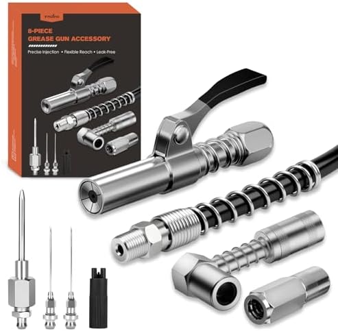 TRILINK Grease Gun Coupler Kit – 8PCS Grease Gun Accessory Set with Quick Release Coupler, 90° Adapter, 12” Flexible Hose, Grease Gun Nozzle, Narrow Needle Nozzle, 2 Injector Needle Tips & Cleaner