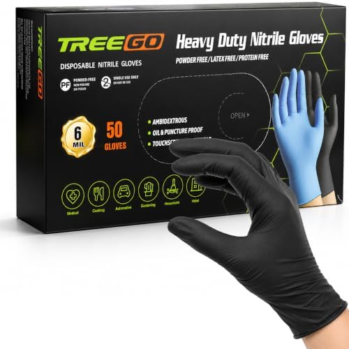 TREEGO Black Nitrile Disposable Gloves, Medium, 6 Mil, 50 Count