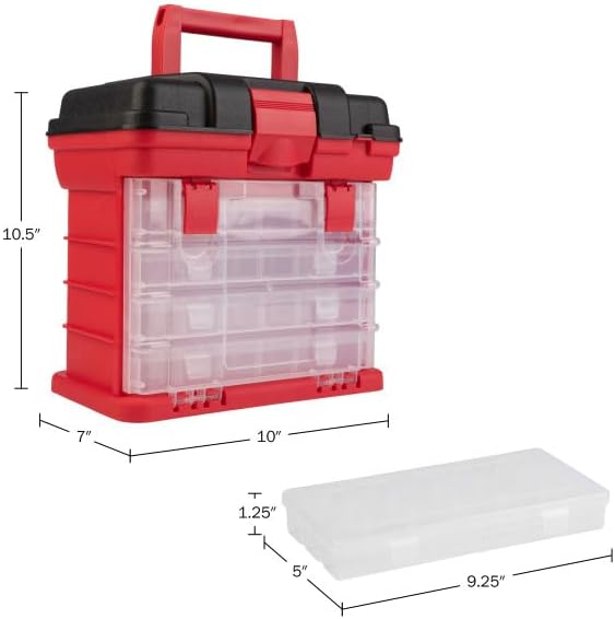 Portable Tool Box - Small Parts Organizer with Drawers and Customizable Compartments for Hardware, Fishing Tackle, Beads, or Crafts by Stalwart (Red)
