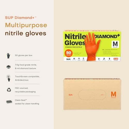 SUPER+ HEAVY DUTY Nitrile Gloves 8 Mil Diamond Texture Disposable Chemical Resistant Powder &Latex Free Food Safe Orange 50Ct