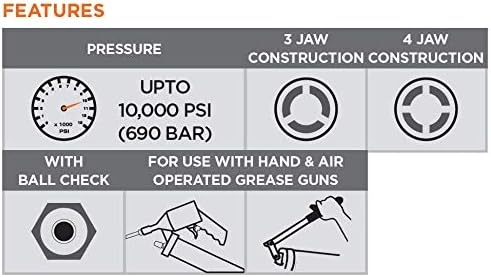 PROLUBE Heavy Duty 3-Jaw Grease Coupler | With Ball Check | 10,000 PSI | Use with Hand & Air Operated Grease Guns | 1/8” NPT Threads (43525)