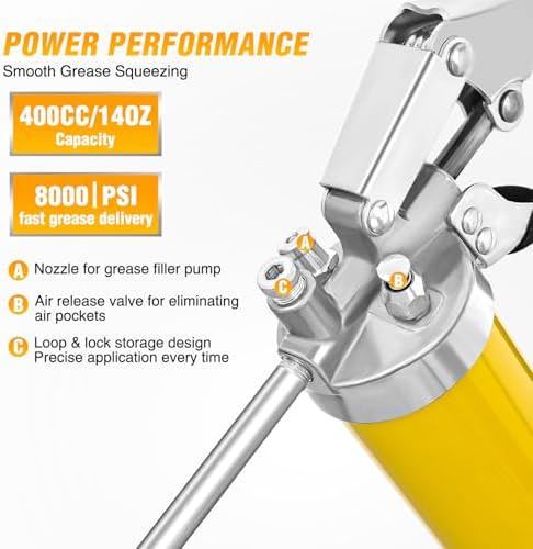 GOOACC Grease Gun 8000 PSI Heavy Duty 14oz Pistol Grip Grease Gun Kit with 18" Spring Flex Hose Sharp Type Nozzle Normal Coupler Rigid Pipe Manual Grease Guns for Greasing Automotive Marine, Yellow