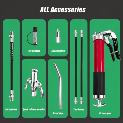 Grease Gun Kit with Quick Release Coupler,Professional 9000 PSI 14oz Heavy Duty. Leak-Proof Greese Gun with 1 Spring Flex Hose,2 Hose,1 Sharp Nozzle,1 Lock Coupler,1 Rigid Pipe