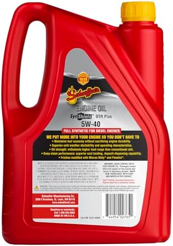 Schaeffer Manufacturing Co. 9000CK4-006S SynShield OTR Plus Full Synthetic Diesel Engine Oil 5W-40, 1-Gallon Bottle