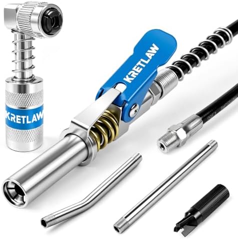 KRETLAW 6-Piece Grease Gun Fittings Kit with 90 Degree Grease Gun Coupler Adapter, 18-Inch Flexible Grease Gun Hose, 2 Extension Pipes & Grease Zerk Cleaner, fits All 1/8" NPT Grease Guns