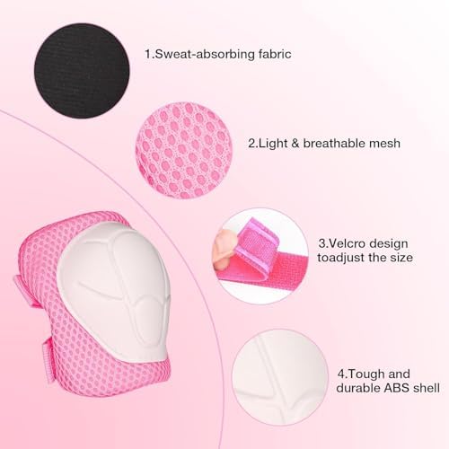 Protective Gear Set, Knee Pads for Kids 3-10 Years Old, Toddler Elbow Pads, Wrist Guards, Skating Cycling Bike Rollerblading Scooter (Pink, Small（3-8years)