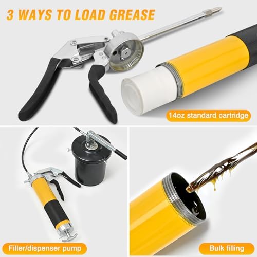 GOOACC Grease Gun Heavy Duty Pistol Grip Grease Gun Kit with Quick Release Coupler 18" Spring Flex Hose Normal Coupler, 8000PSI 14oz Grease Guns Tool for Automotive Farm Industrial Marine, Yellow 4PCS
