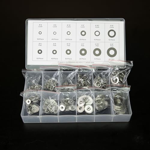NEIKO 50400A Stainless Steel Lock and Flat Washer Assortment | 350 Piece Set | 12 Different Sizes in Spring Lock and Flat Design | Prevent Loose Fasteners
