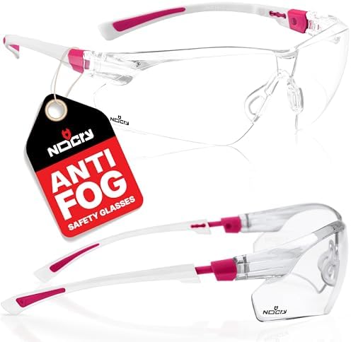 NoCry Safety Glasses with Clear Anti Fog Scratch Resistant Wrap-Around Lenses and No-Slip Grips, UV Protection. Adjustable, White & Pink Frames (10 pack)