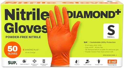 SUPER+ HEAVY DUTY Nitrile Gloves 8 Mil Diamond Texture Disposable Chemical Resistant Powder &Latex Free Food Safe Orange 50Ct