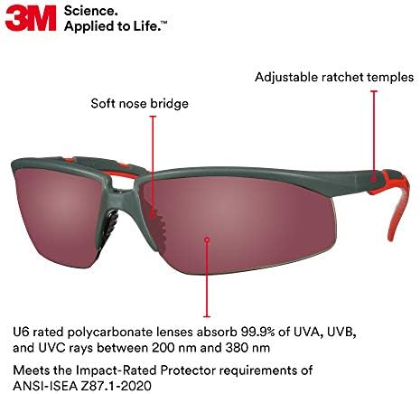 3M Safety Glasses, Solus 2000, Red Mirror Lens, Gray/Red Frame