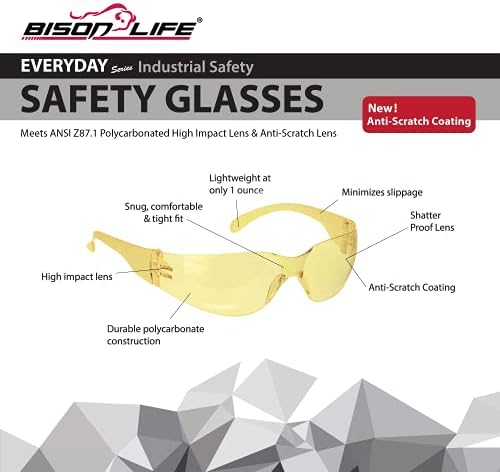 BISON LIFE Yellow Safety Glasses for Men & Women, Bulk ANSI Z87.1, 144 Pack