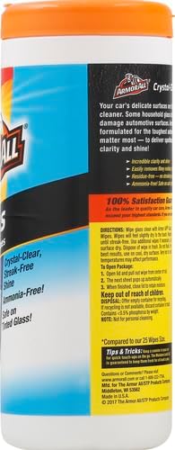 Armor All Car Glass Wipes, Auto Glass Cleaner for Film and Grime, 30 Count (Pack of 2)
