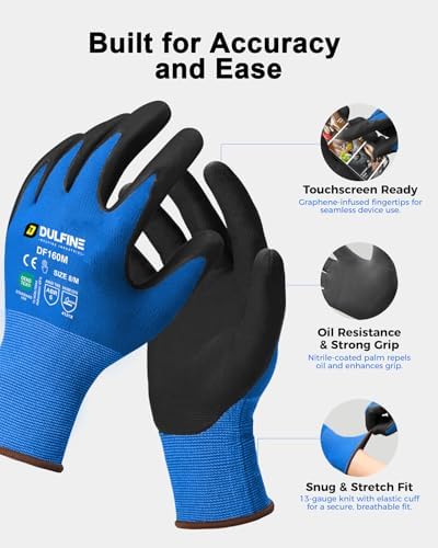 DULFINE MicroFoam Nitrile Coated 12 Pairs Work Gloves for Men Blue XL