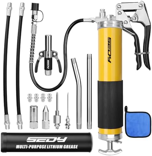 17-Piece Heavy Duty Grease Gun Kit: 14oz Grease Tube Flexible Hose Bearing Grease Pump 8000 PSI Pistol Grip Grease Guns Tool Marine Durable Connectors Adapters Extension Tubes Nozzle Easy Operation