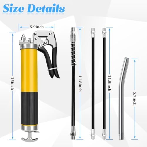 Car Grease Gun, 6000PSI Heavy-Duty Vehicle Pistol Grip Grease Gun Tool Kit, Greasing Kit with 12" Flex Reinforced Hose & Basic Couplers Extension Rigid Pipe, Universal Fit (Yellow)