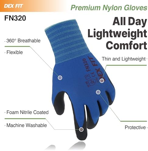DEX FIT FN320 Precision Grip Work Gloves, 3D-Comfort Fit, Ultra Stretch Nylon Gloves, Lightweight & Flexible for Warehouse Handling, Assembly, Delivery, and Gardening, Blue, M, 1 Pair