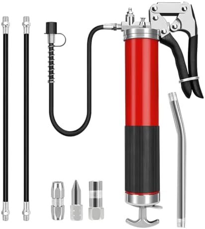 Car Grease Gun, 6000PSI Heavy-Duty Vehicle Pistol Grip Grease Gun Tool Kit, Greasing Kit with 12" Flex Reinforced Hose & Basic Couplers Extension Rigid Pipe, Universal Fit (Red)