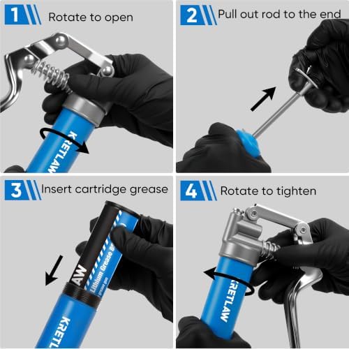 KRETLAW Mini Grease Gun Kit 3000PSI Marine, Includes 3oz Grease Cartridge, 12" Flex Hose, Grease Gun Coupler, Grease Injector Needles