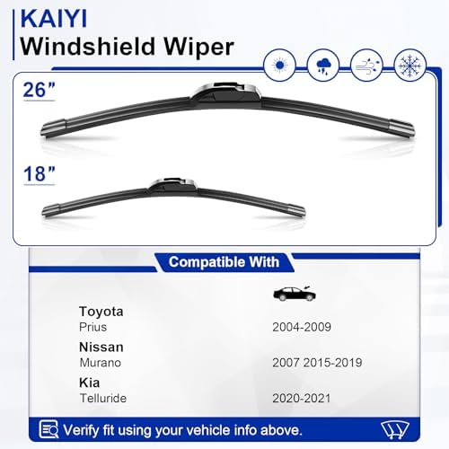 KAIYI 26" + 18" Windshield Wipers Compatible with Toyota Prius 2004-2009,Nissan Murano 2007 2015-2019,Kia Telluride 2020-2021 Premium Automotive Replacement Windshield Wiper Blades 2 Pack