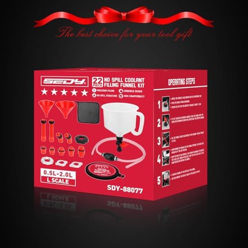 22-Piece No-Spill Coolant Filling Funnel Kit and Siphon Hose Pump, Radiator Coolant Filling Spill-Proof Funnel Kit with Adapters, Extensions, PVC Hose, Engine Oil Funnels, Towel for Universal Vehicle