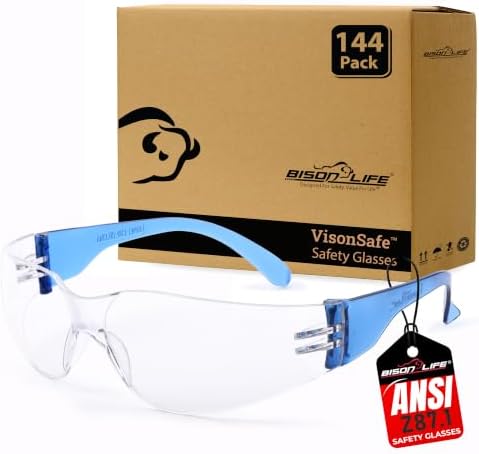 BISON LIFE Clear/Blue Safety Glasses for Men & Women, ANSI Z87.1, 144 Pack