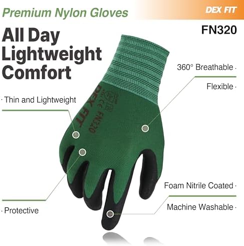 DEX FIT Premium Nylon Nitrile Work Gloves FN320, 3 Pairs, 3D-Comfort Stretchy Fit, Firm Grip, Thin & Lightweight, Durable, Breathable & Cool, Machine Washable; Forest Green 10 (XL)