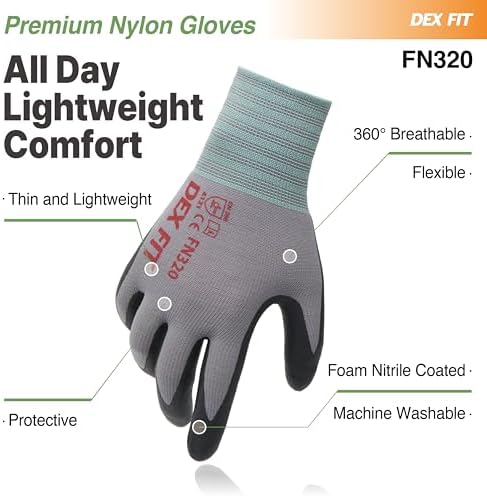 DEX FIT Premium Nylon Nitrile Work Gloves FN320, 3 Pairs, 3D-Comfort Stretchy Fit, Firm Grip, Thin & Lightweight, Durable, Breathable & Cool, Machine Washable; Grey 10 (XL)