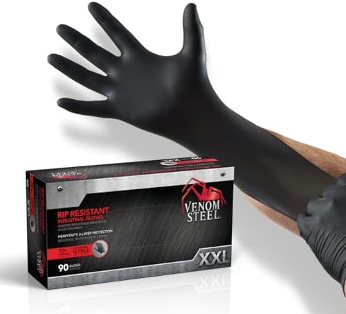 Venom Steel Nitrile Gloves, 6 mil Disposable Latex Free Black Gloves, 2 Layer Rip Resistant Gloves, XX-Large (Pack of 90)