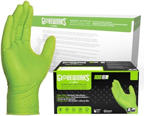 GLOVEWORKS HD Green Gloves, 8 Mil, Disposable, Heavy Duty Raised Diamond Grip, Latex Free, Mechanic Glove, XL, Case of 1000