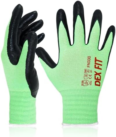 DEX FIT Nitrile Work Gloves FN330, 3D Comfort Fit, Touchscreen Grip Gloves for Warehouse, Construction, Package Handling, Delivery & General Work, Men & Women, Green, S, 1 Pair