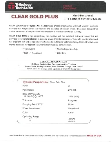 TTL Clear Gold Plus PTFE Grease, Clear, 3.5 oz – NSF H1 Food Grade Multi-Purpose Lubricant for O-Rings, Bearings, Garage Doors, Power Tools, Automotive, 3D Printers – Non-Melt, Rust Resistant