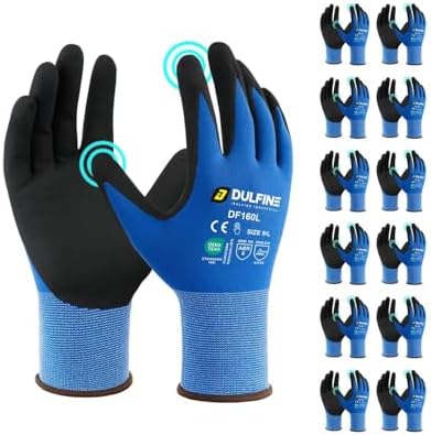 DULFINE MicroFoam Nitrile Coated 12 Pairs Work Gloves for Men Blue XL