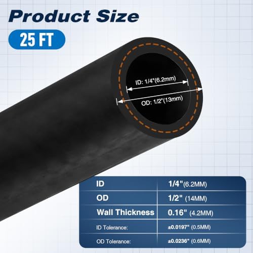 25FT 1/4" Heater Hose with 4 Clamps, EPDM Rubber Coolant Radiator Hose