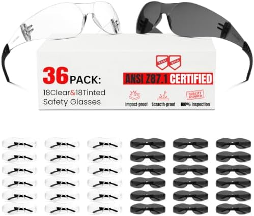 ANSI Z87.1 Safety Glasses Men Women 36 pack(18pack clear safety glasses+18pack safety sunglasses) Scratch & Impact Resistant eye protection glasses for Construction, Outdoor Sports & Work