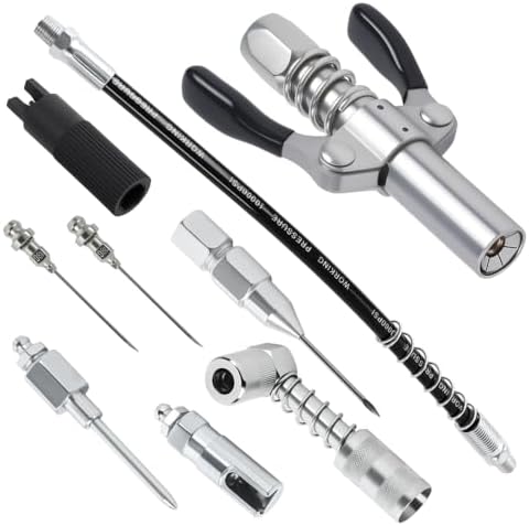 Grease Gun Tips Accessory 9PCS Kit, Includes 2pcs Grease Needle Dispenser, 2pcs Grease Needle Nozzles, Right Angle 90 Degree Grease Coupler Adapter, Coupler, 12 Inch Hose, Zerk Fitting Cleaner