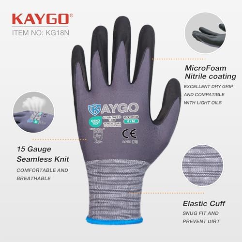 KAYGO Safety Work Gloves, MicroFoam Nitrile Coated, Men Women,KG18N