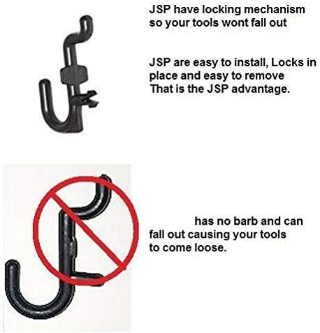 JSP Manufacturing Peg Board Plastic J Hook Style Hooks | Garage Tool Storage Craft Hooks Pegboard Asscessories (50, Black)