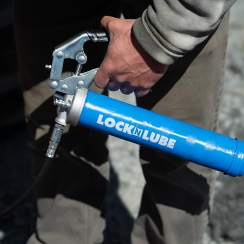 LockNLube Heavy-Duty Pistol Grip Grease Gun (Blue). Includes our patented LockNLube® Grease Coupler (Locks On, Stays On, Won't Leak!) plus a high-quality 20" hose and in-line hose swivel