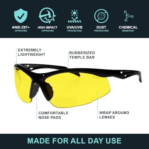 Bifocal Safety Glasses - Safety Lenses with Readers for Healthcare, Woodworkers, Motorcyclists, Workshop - Ansi Z87+