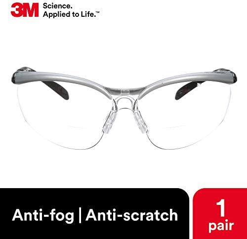 3M Safety Glasses, BX Readers, +1.5, Anti-Fog Clear Lens, Silver Frame