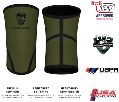 Gymreapers Knee Sleeves (Pair w/Bag) - Knee Compression Sleeve Support for Squats, Weightlifting, and Powerlifting 7MM Neoprene Sleeves - 1 Year Warranty (Military Green/Black, X-Large)