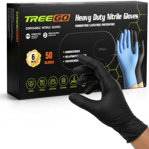 TREEGO Black Disposable Nitrile Gloves, 6 Mil, Large, 50 Count