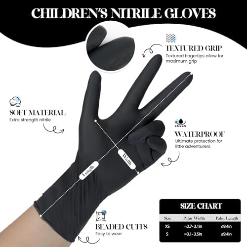 Kids Disposable Gloves, 5-Mil Safe Black Nitrile, XS, 50Ct