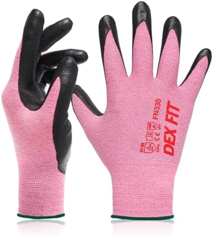 DEX FIT Nitrile Work Gloves FN330, 3D Comfort Fit, Touchscreen Grip Gloves for Warehouse, Construction, Package Handling, Delivery & General Work, Men & Women, Pink, M, 1 Pair