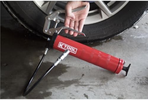 K Tool International 73933 Pistol Grip Grease Gun for Garages, Repair Shops, and DIY, 5,000 lbs. Capacity, Die-cast Aluminum Head, 14oz Bulk or Suction Fill, 3-Way Loading, 18" Flexible Hose, Red