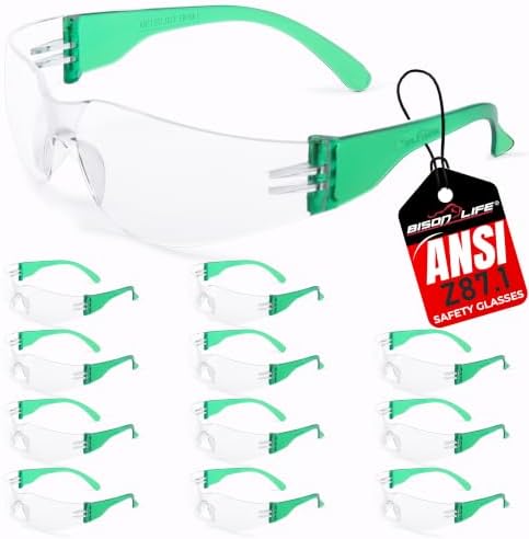 BISON LIFE Clear/Green Safety Glasses for Men & Women, ANSI Z87.1, 12 Pack