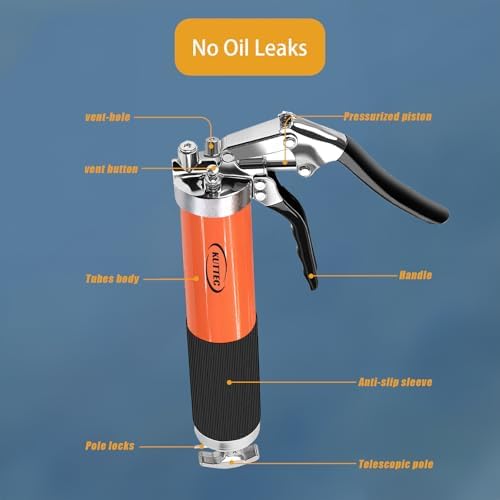 Grease Gun Kit with Quick Release Coupler,Professional 9000 PSI 14oz Heavy Duty. Leak-Proof Greese Gun with 1 Spring Flex Hose,2 Hose,1 Sharp Nozzle,1 Lock Coupler,1 Rigid Pipe